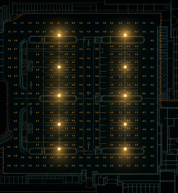 Dark parking lot point-by-point photometric plan with calculated foot-candle values