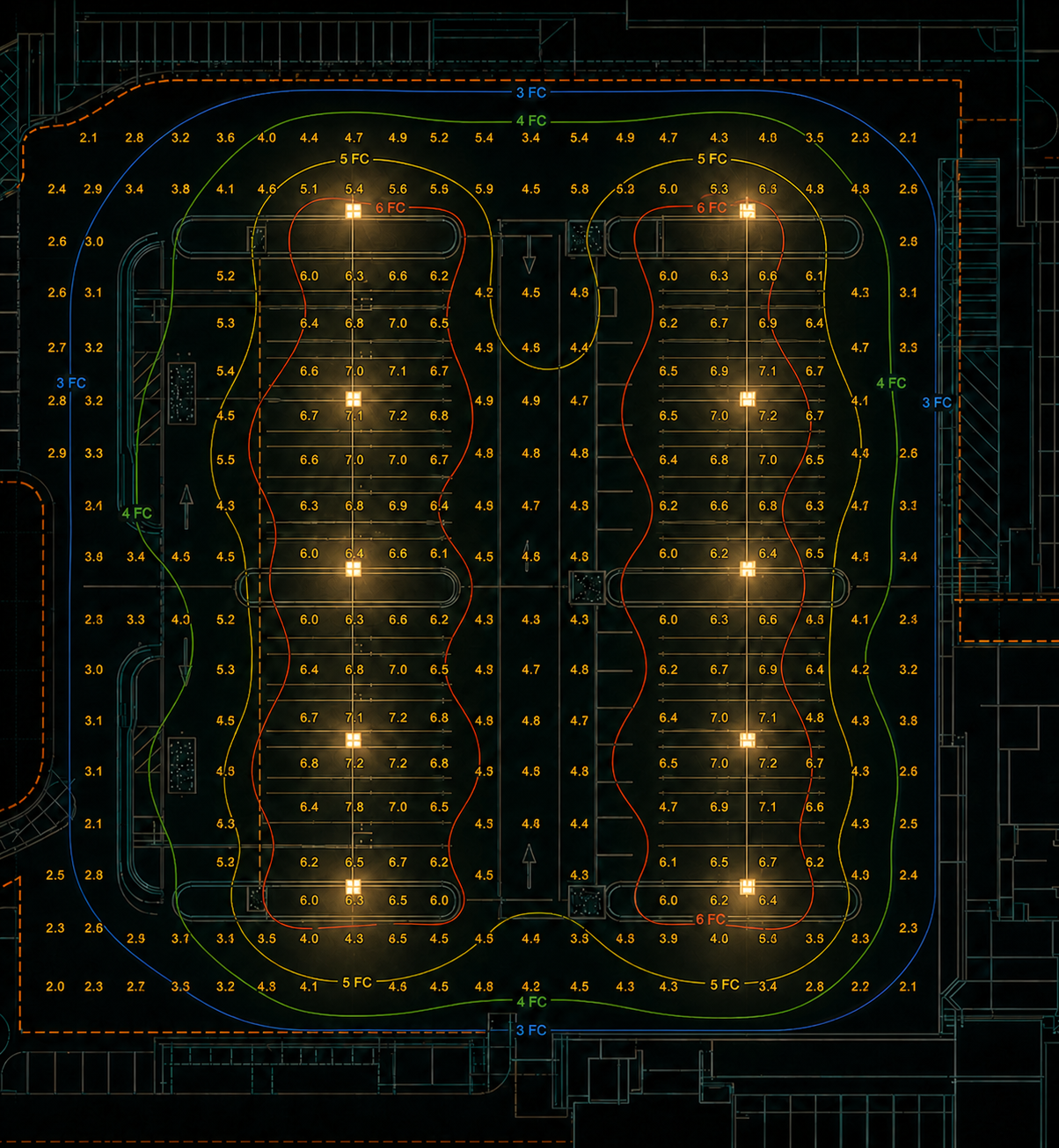 Parking lot photometric plan with colored 3, 4, 5, and 6 foot-candle isolines and coordinated point-by-point values