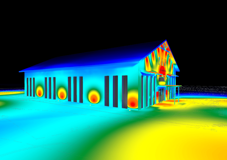 False-color exterior lighting calculation around a commercial building