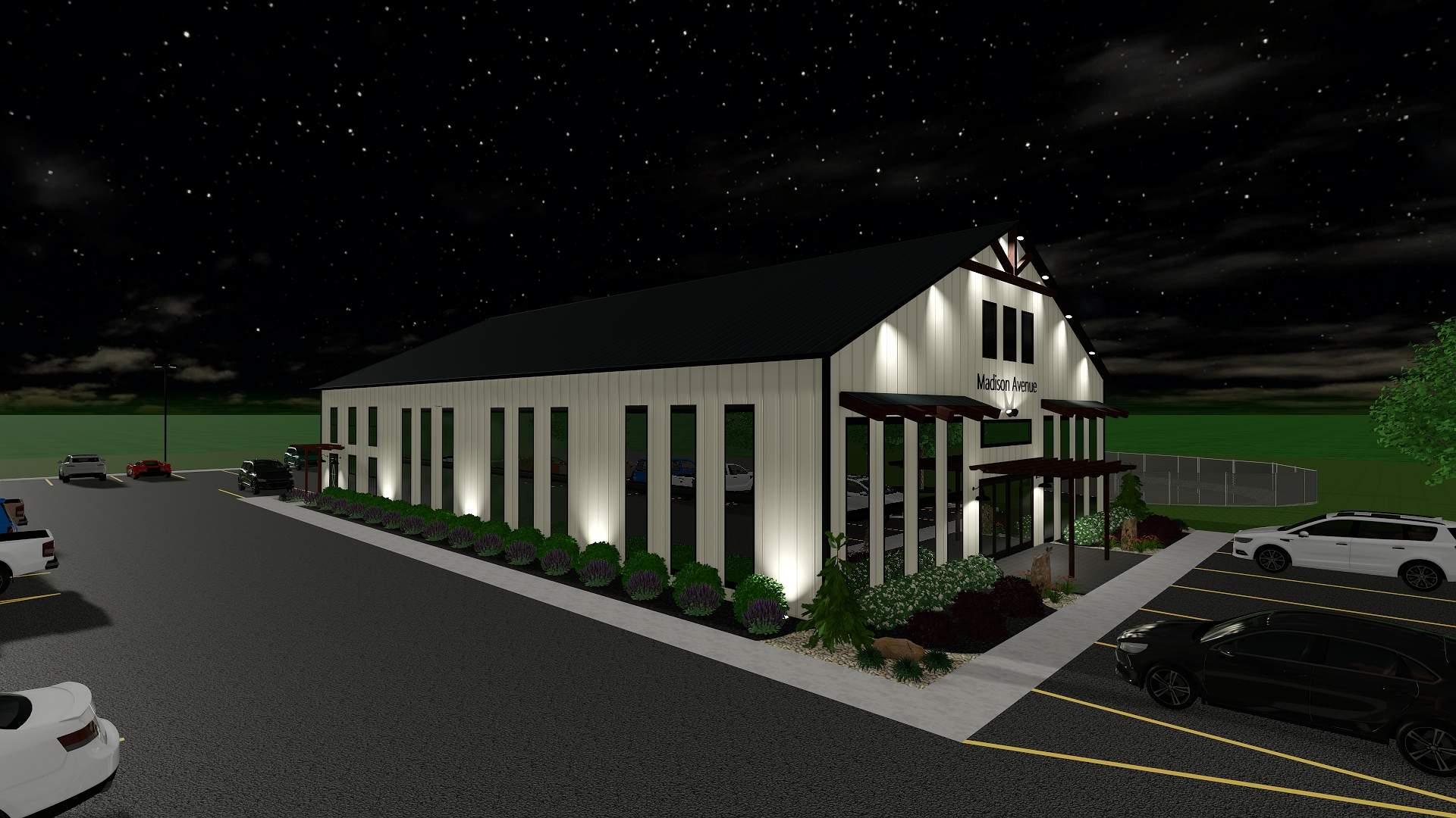 Nighttime visualization of coordinated façade and parking lot lighting