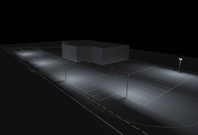 Three-dimensional parking lot lighting analysis showing shielded fixture distribution