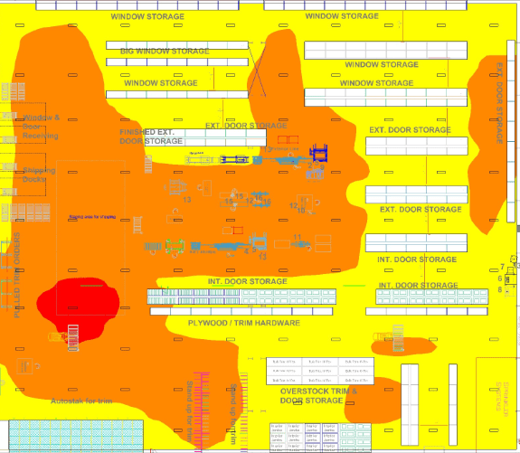 False-color photometric calculation for a warehouse floor plan