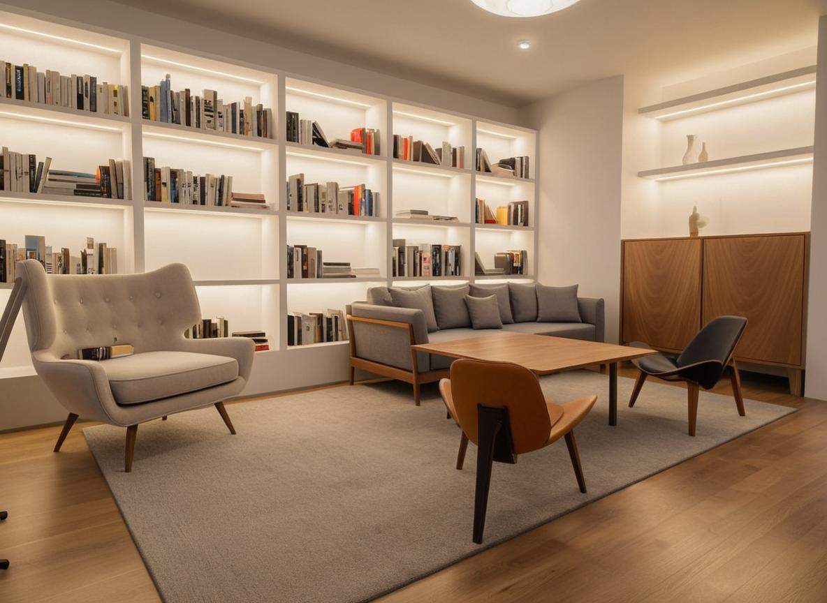 Built-in bookshelf with warm architectural accent lighting