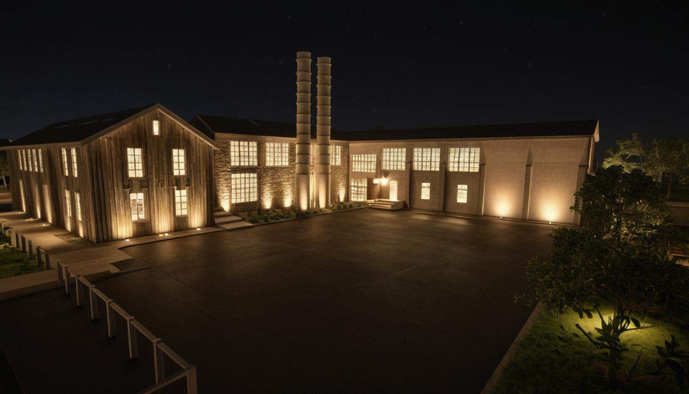 Architectural exterior lighting across a large industrial-style building at night