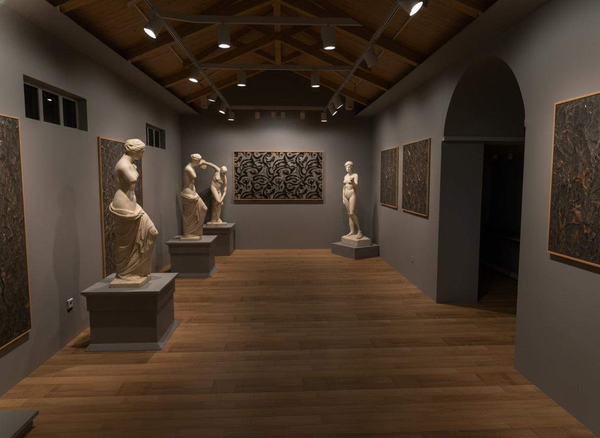 Gallery exhibit illuminated with controlled accent lighting