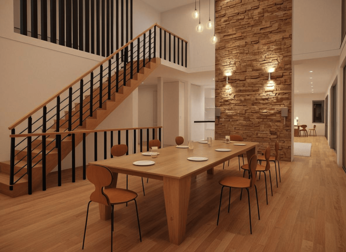 Modern dining room with layered architectural lighting
