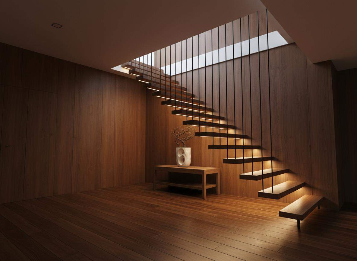 Floating staircase illuminated with integrated LED lighting
