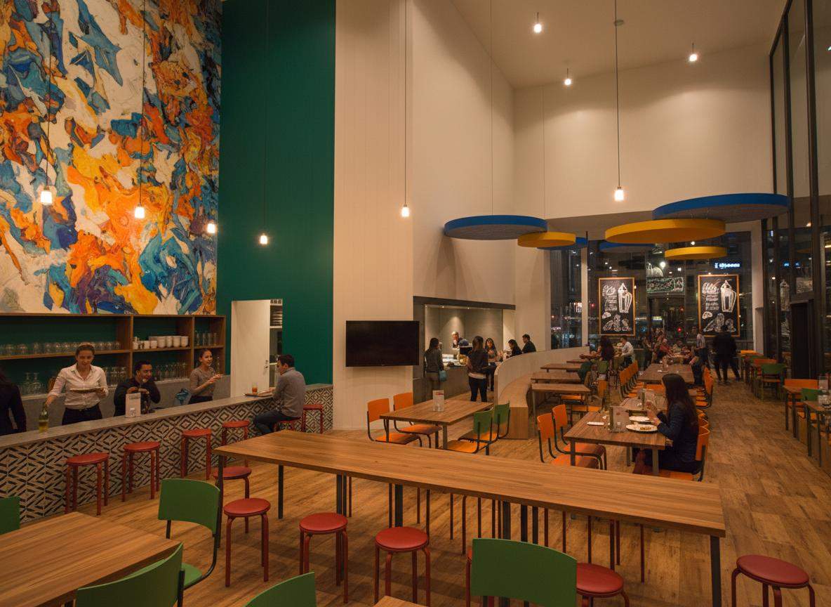 Restaurant interior with layered decorative and functional lighting