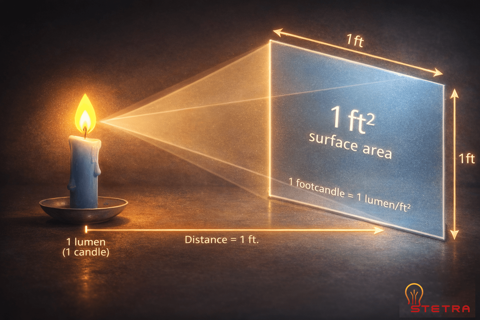 Foot-candle lighting diagram showing 1 lumen illuminating a 1 square foot surface at 1 foot distance