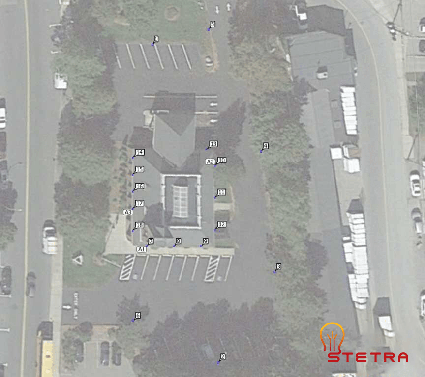 Aerial view showing fixture locations in a parking lot photometric plan
