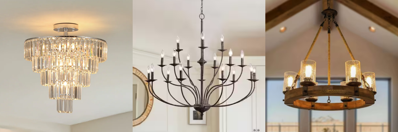 A photo of three types of chandeliers - metal, wood and christal