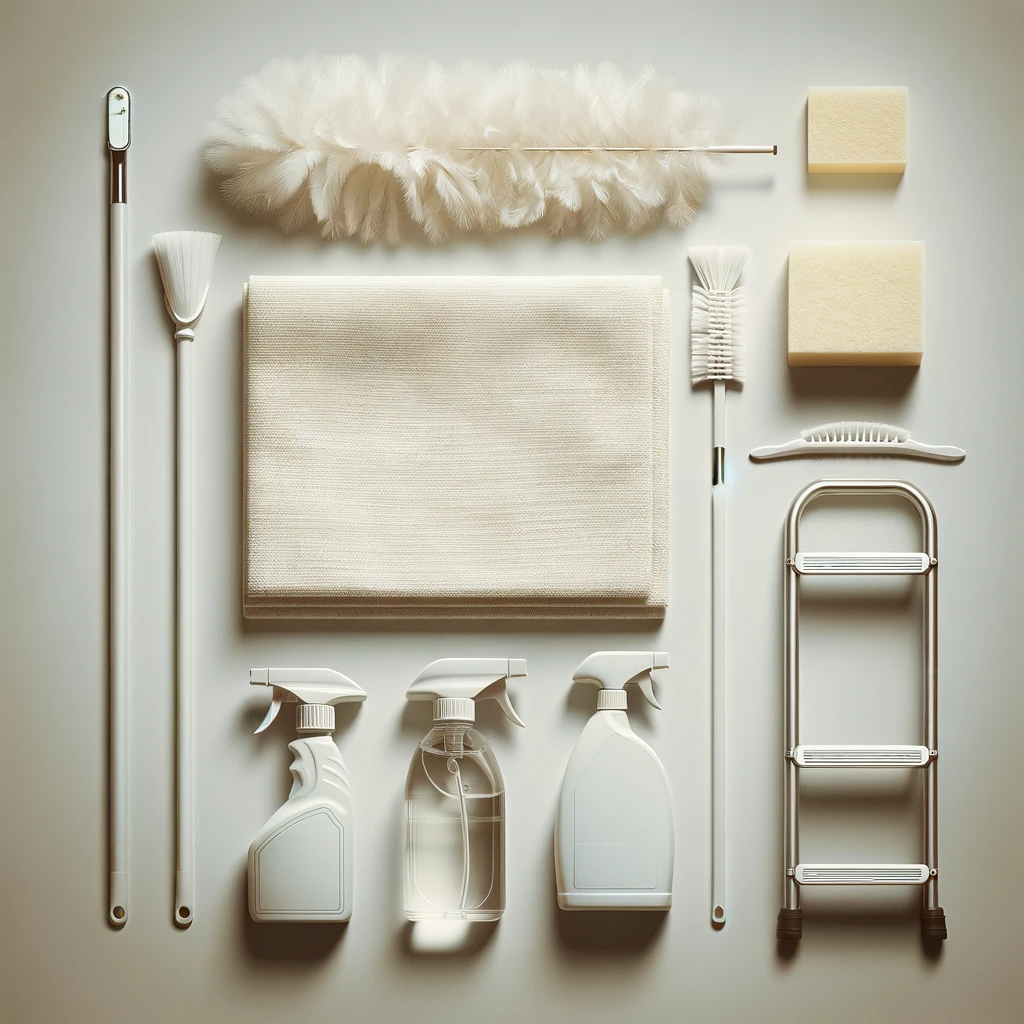 A simple, clean image of tools and cleaning supplies used for chandelier maintenance,