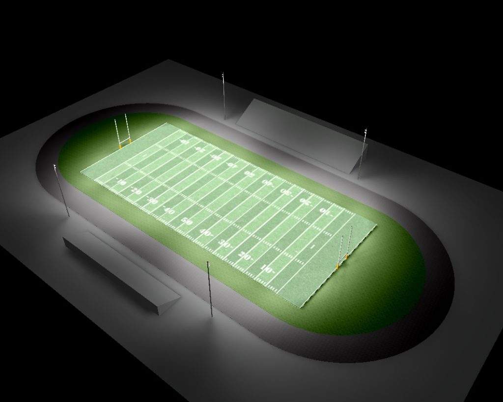 3D photometric render of an illuminated American football field with pole-mounted floodlights