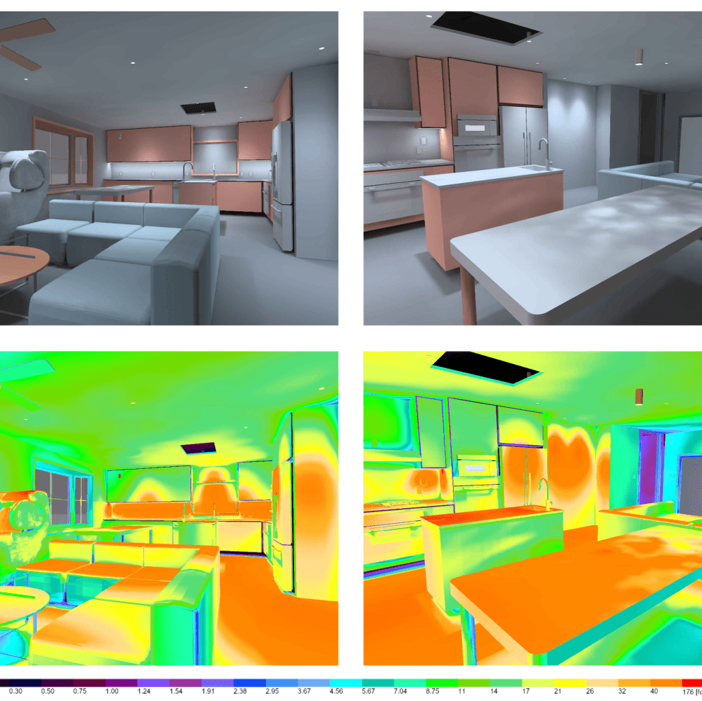 false color lighting analysis showing residential foot candle levels across the kitchen and living areas, highlighting task and ambient light distribution