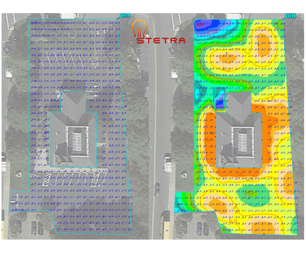 Photometric plan showing calculated foot-candle values and light distribution across the site
