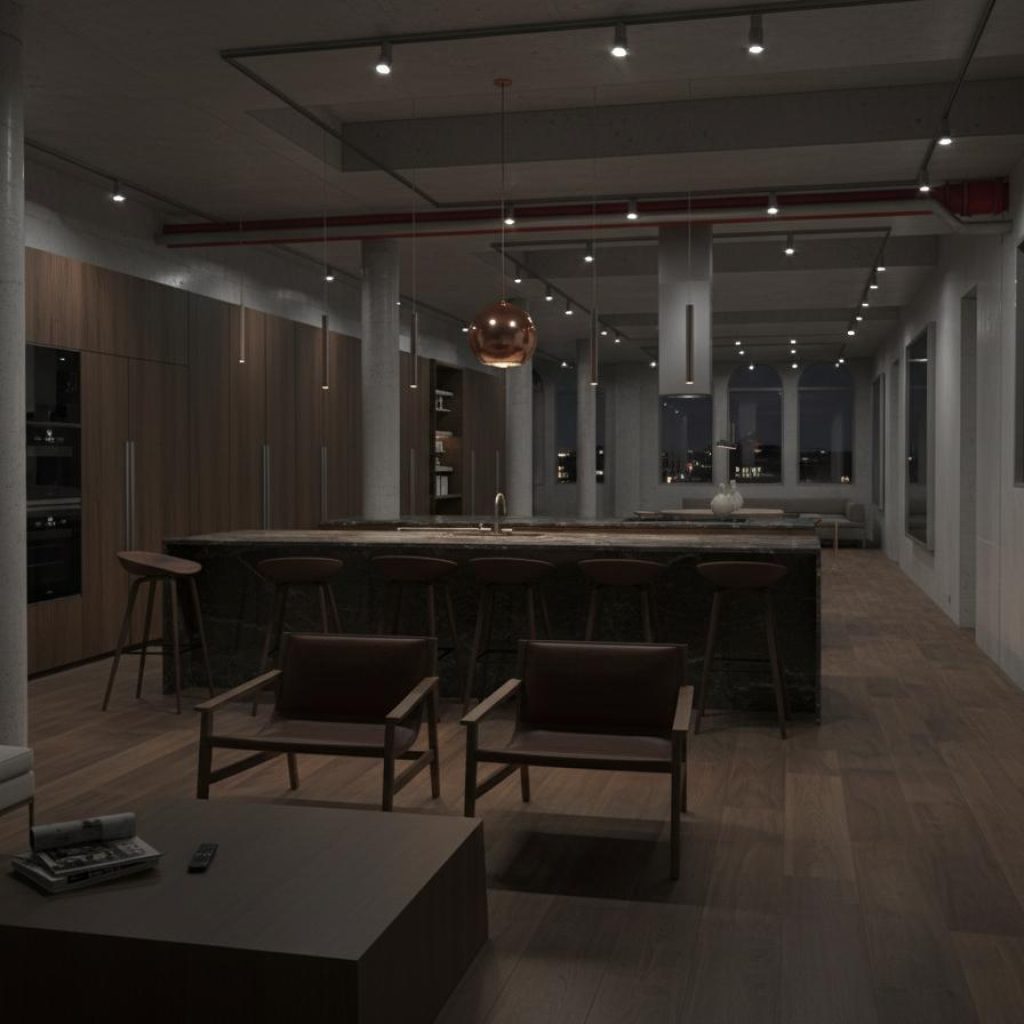 residential kitchen and living area with balanced ambient and task foot candle levels