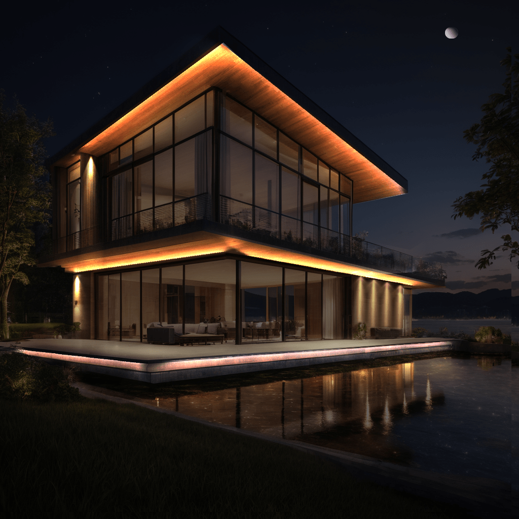 Accent and uplighting facade lighting with controlled vertical illumination at night