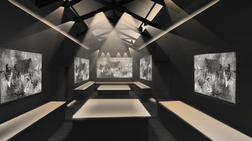 Interior gallery lighting design with spotlights highlighting wall art and soft illuminated surfaces