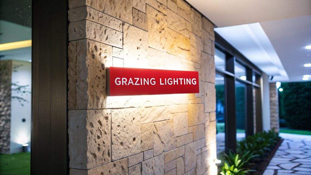 Grazing lighting highlighting textured stone wall with architectural exterior light