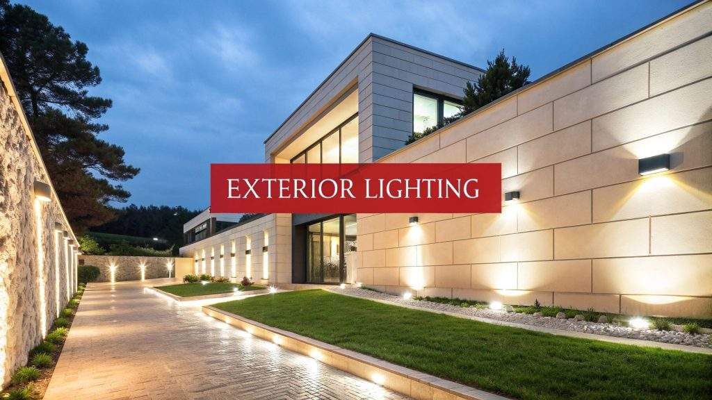 Exterior architectural lighting highlighting building façade and pathways with wall-mounted LED fixtures at night