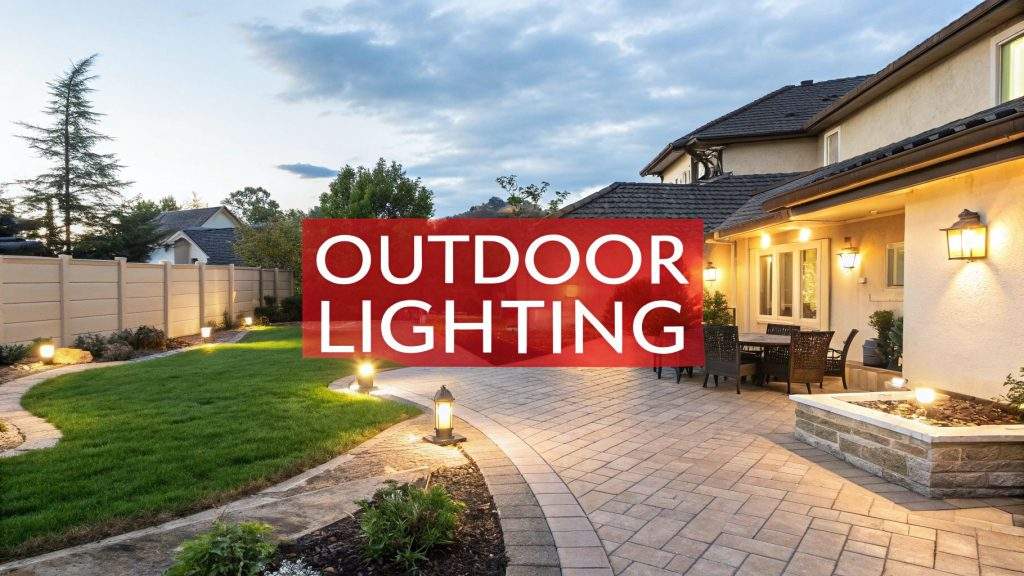 Outdoor residential lighting design showing illuminated garden pathway, patio, and house facade with warm landscape lights for safety, ambiance, and architectural visibility.