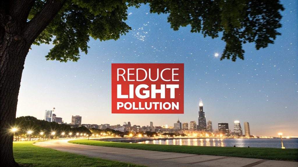 City skyline at night showing the impact of exterior lighting and the importance of reducing light pollution