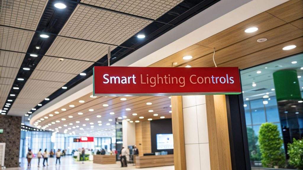 Smart lighting controls in a commercial interior with LED ceiling downlights