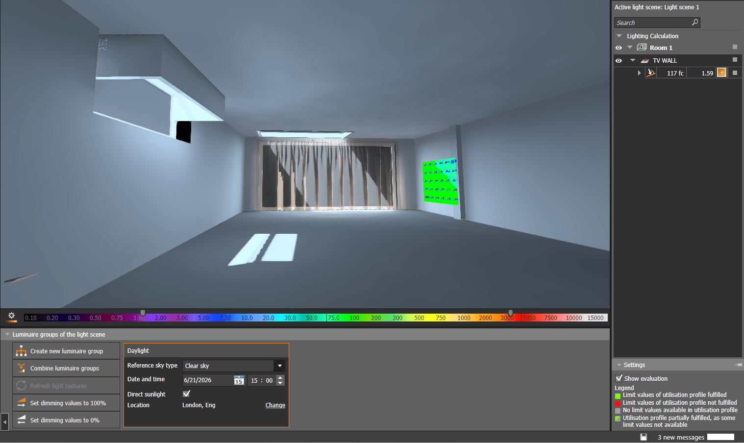 Daylight calculations in DIALux for living room TV wall at 15:00