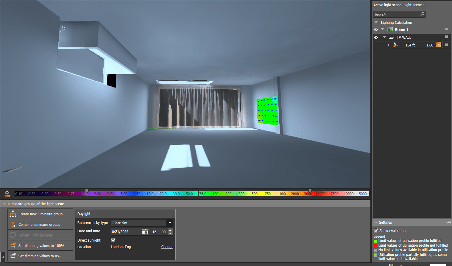 Daylight calculations in DIALux for living room natural light at 16:00