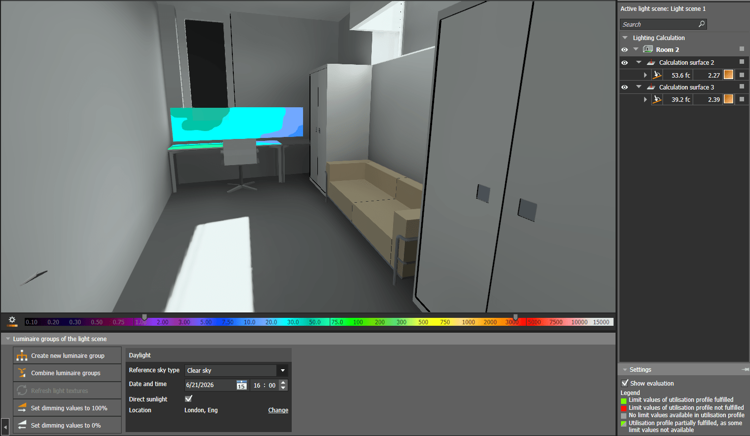 Daylight calculations in DIALux for working desk at 16:00