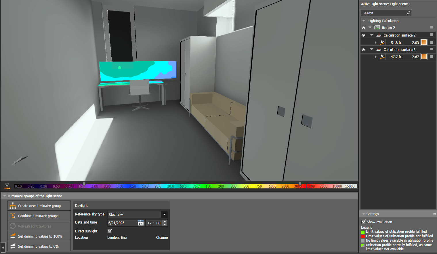 Daylight calculations in DIALux for study room working desk at 17:00