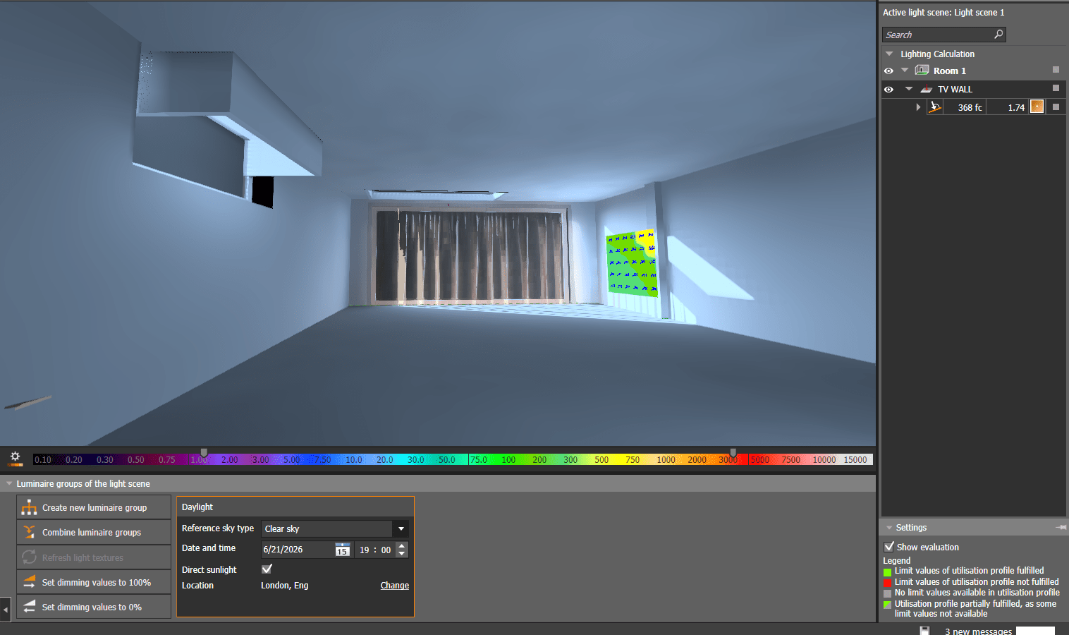 Daylight calculations in DIALux with curtains and roof light glare control at 19:00