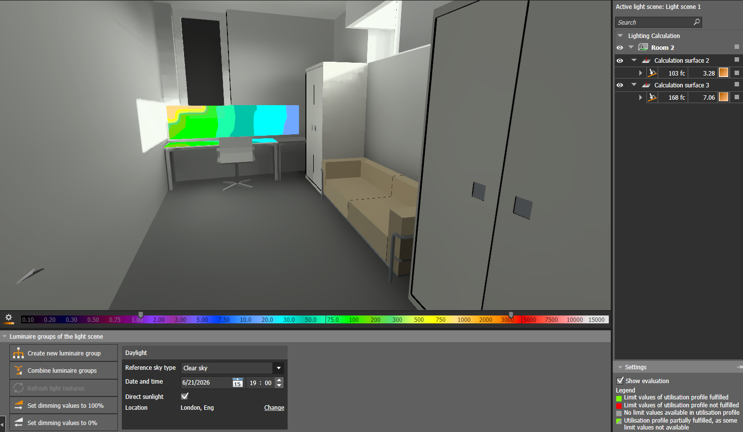 Daylight calculations in DIALux for working desk natural light at 19:00