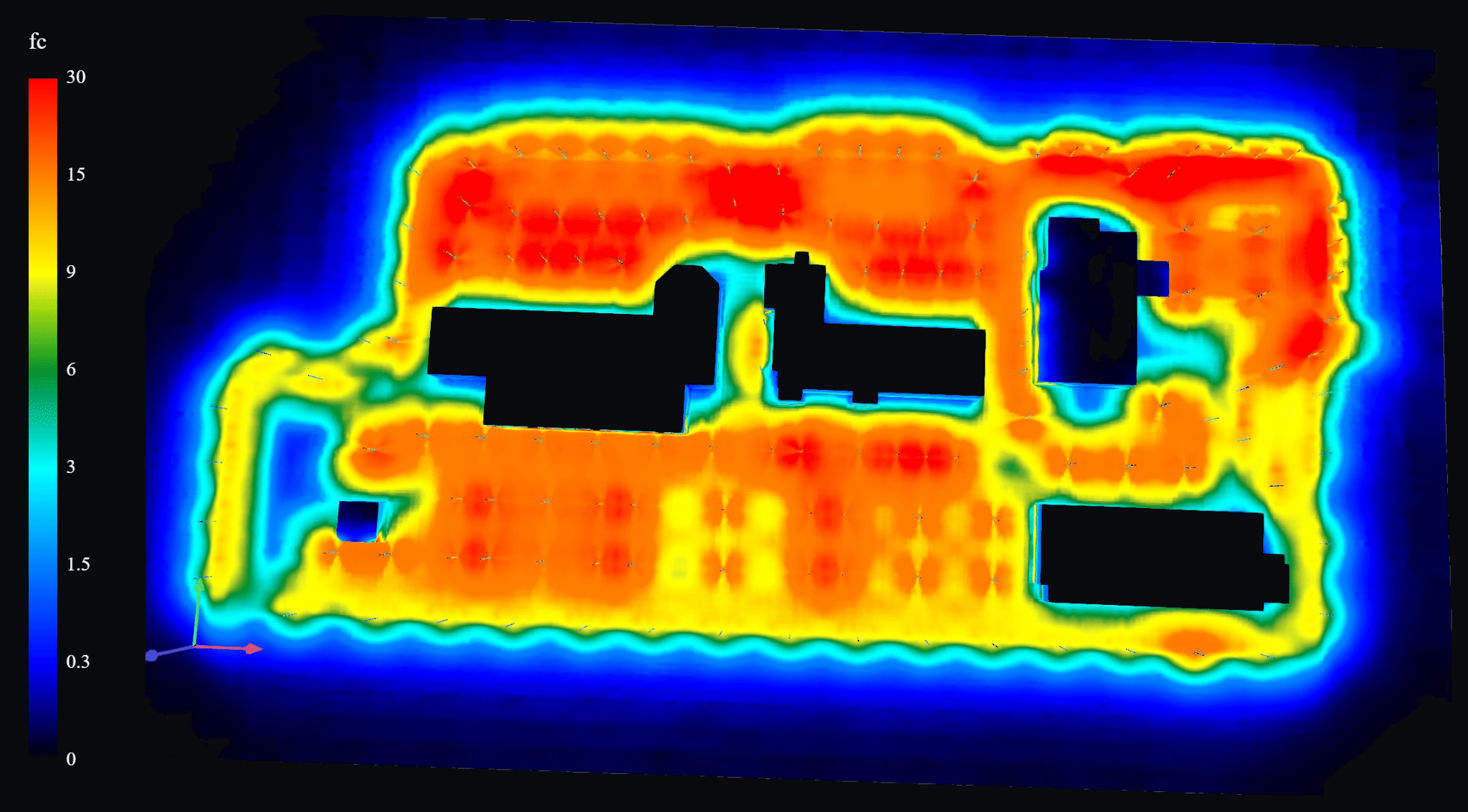 Car dealership false-color photometric analysis showing light distribution across the vehicle display lots