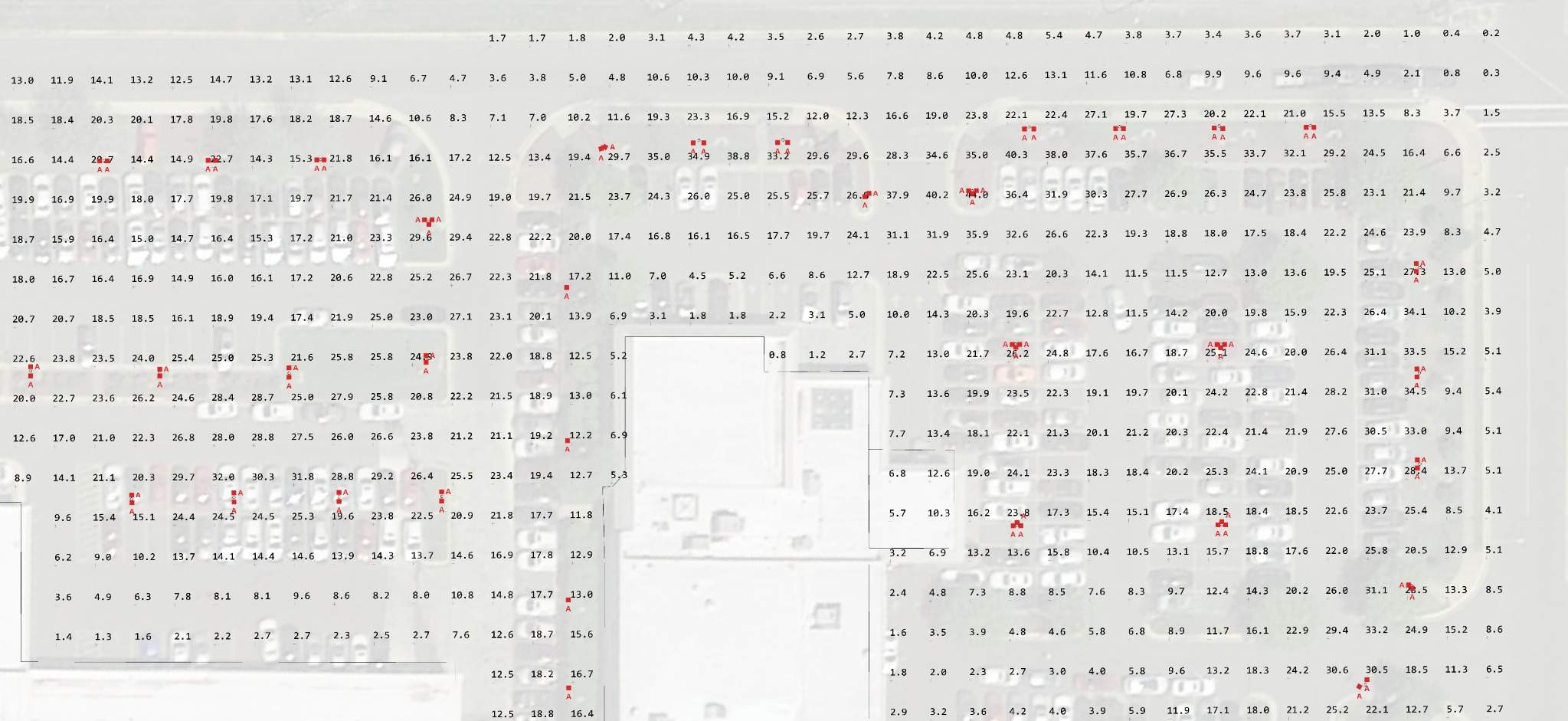 Car dealership vehicle display lot point-by-point foot-candle values with area-light locations