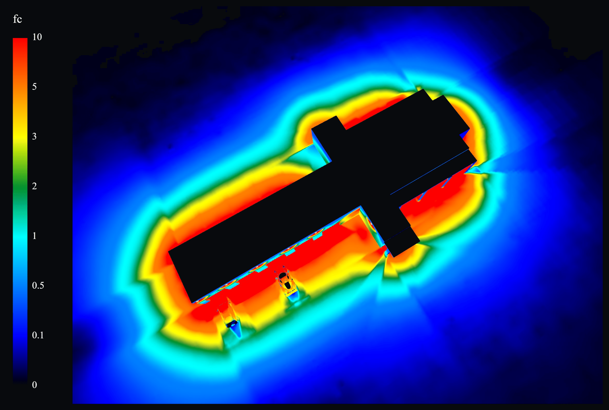 Car wash photometric plan false color aerial lighting analysis