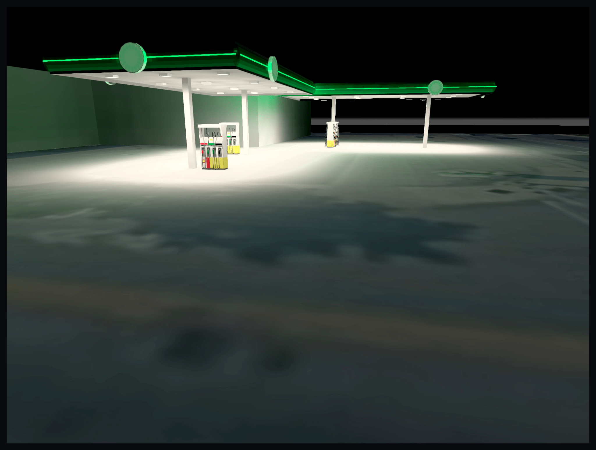 Gas station canopy lighting 3D render from fuel pump level
