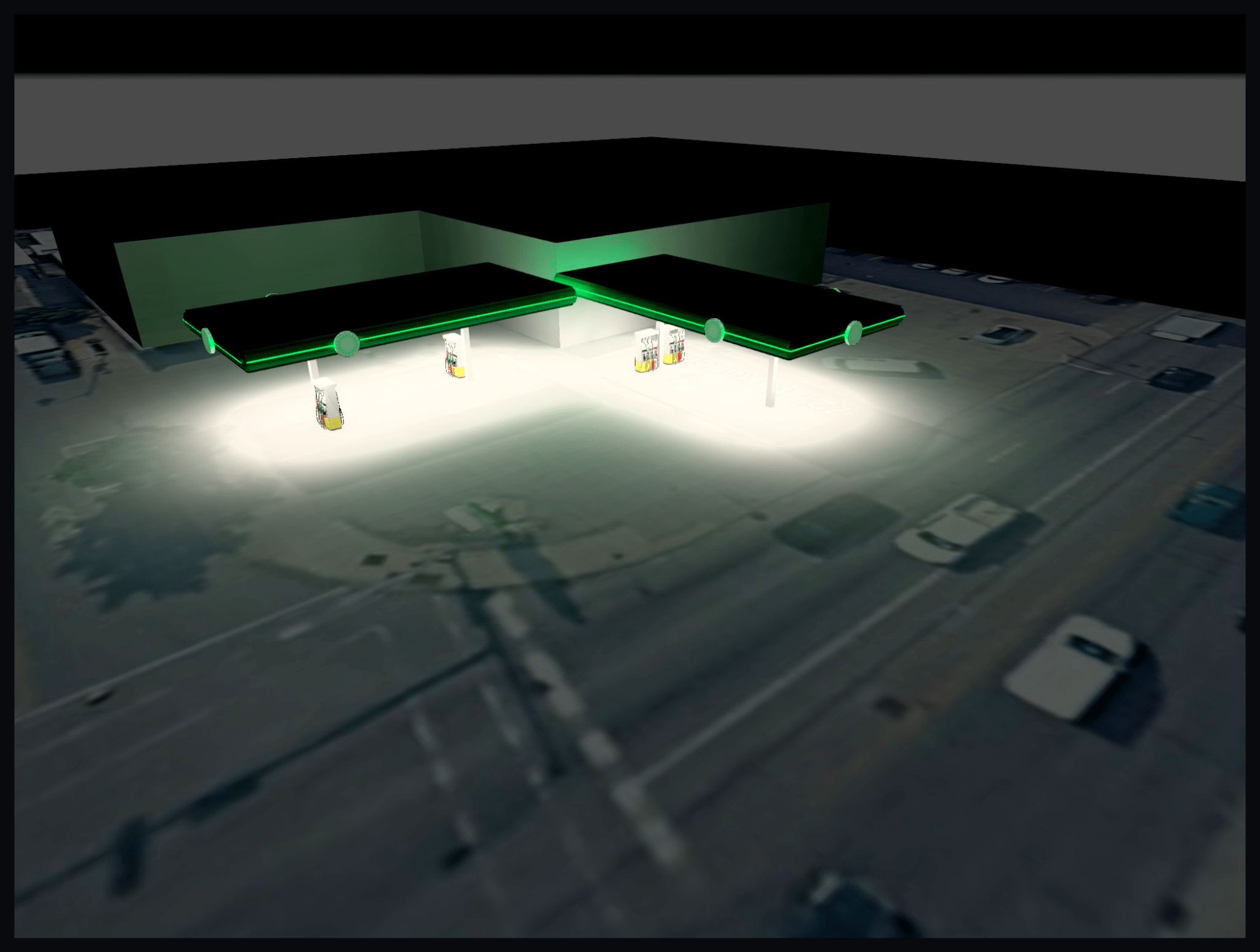Gas station photometric plan 3D overview showing illuminated fuel canopies and surrounding site