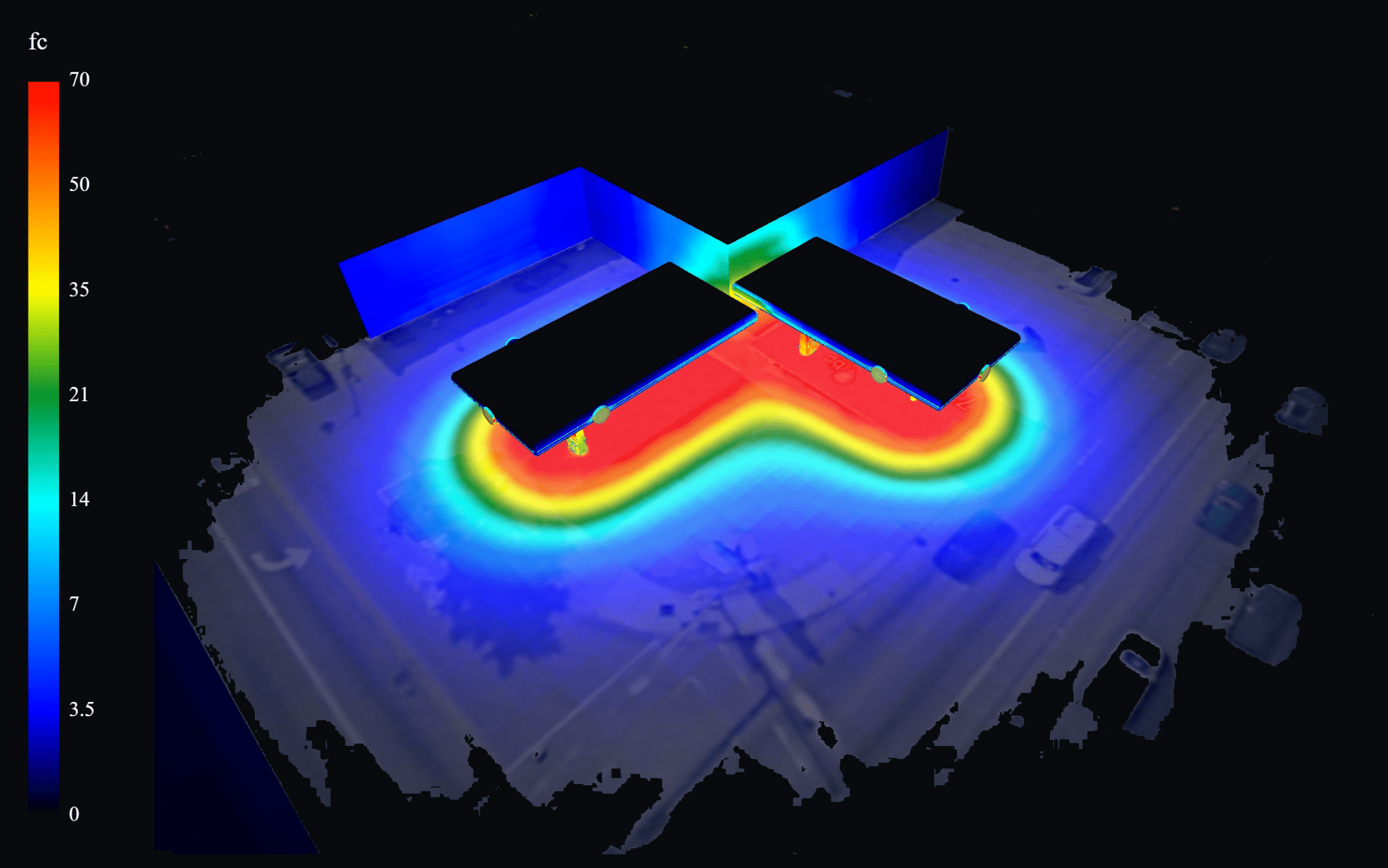 Gas station canopy false-color photometric analysis showing foot-candle distribution