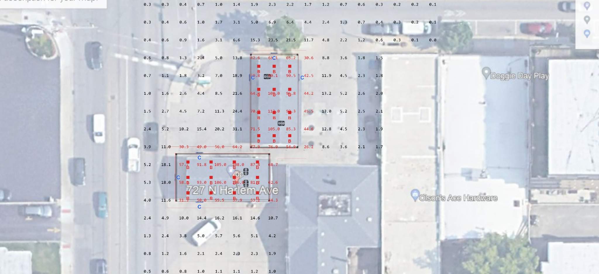Gas station photometric plan with point-by-point foot-candle values across canopy and surrounding site