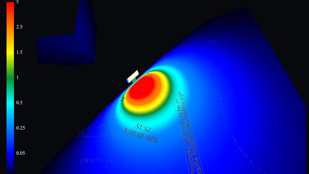 False-color photometric analysis showing light spill around an LED sign
