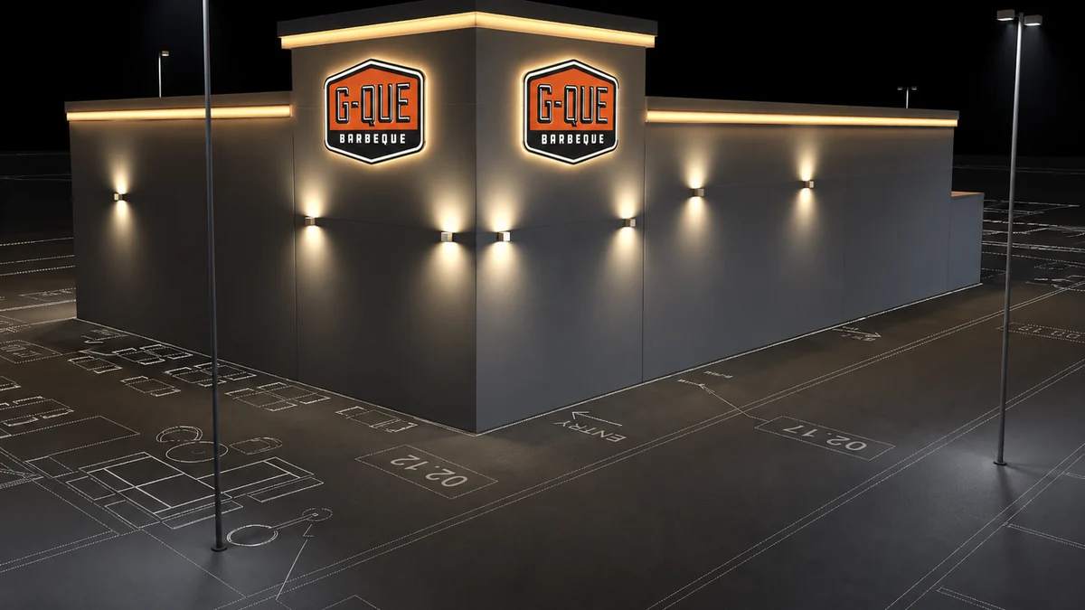 Nighttime 3D render of restaurant signage coordinated with exterior lighting