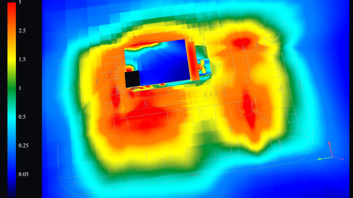 False-color exterior lighting analysis for a restaurant with illuminated signage