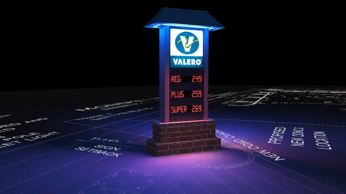Illuminated Valero pylon sign modeled in a nighttime photometric study
