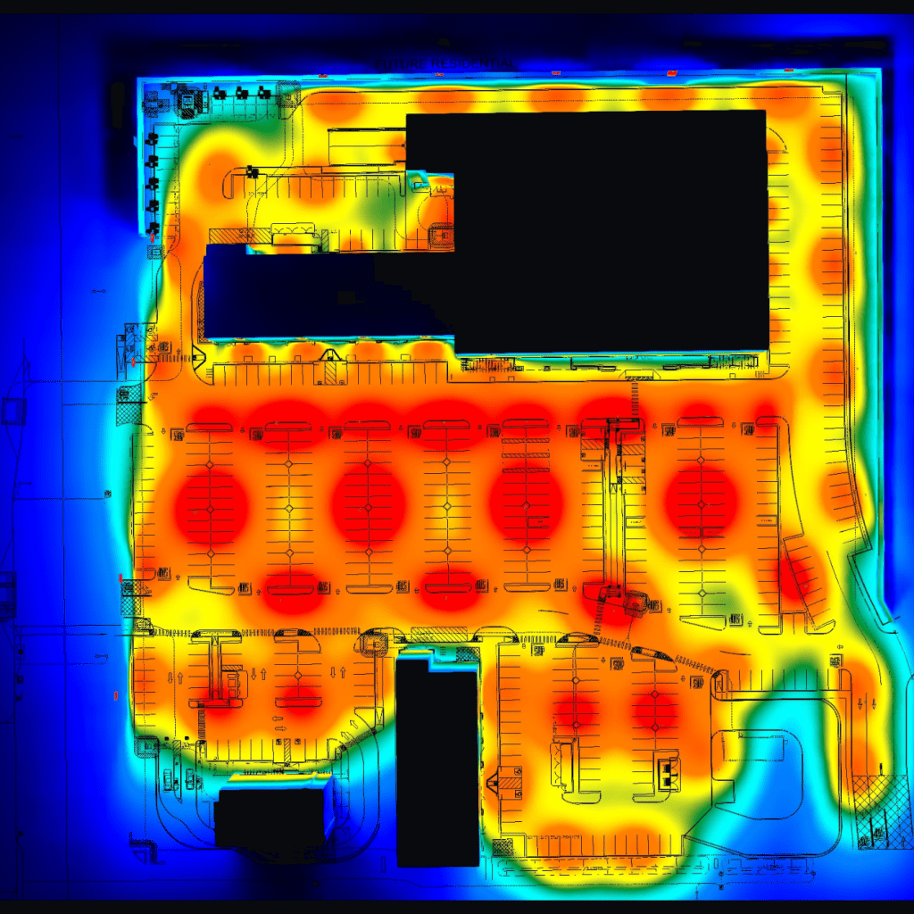 Large parking lot photometric plan false-color analysis by Stetra Lighting