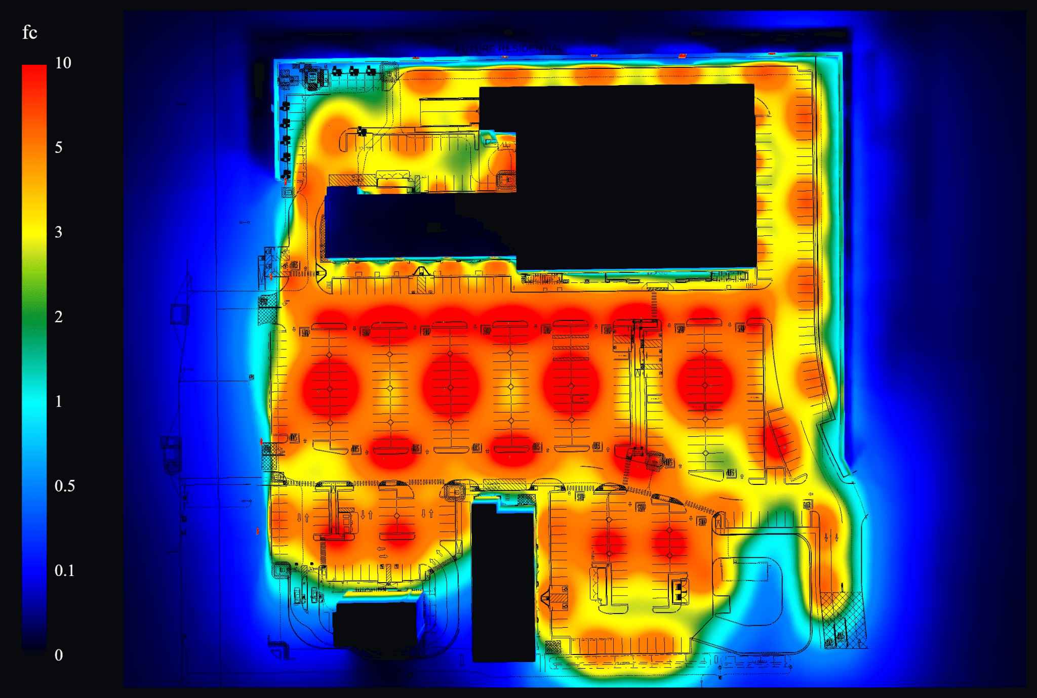 Large parking lot false-color foot-candle analysis by Stetra Lighting