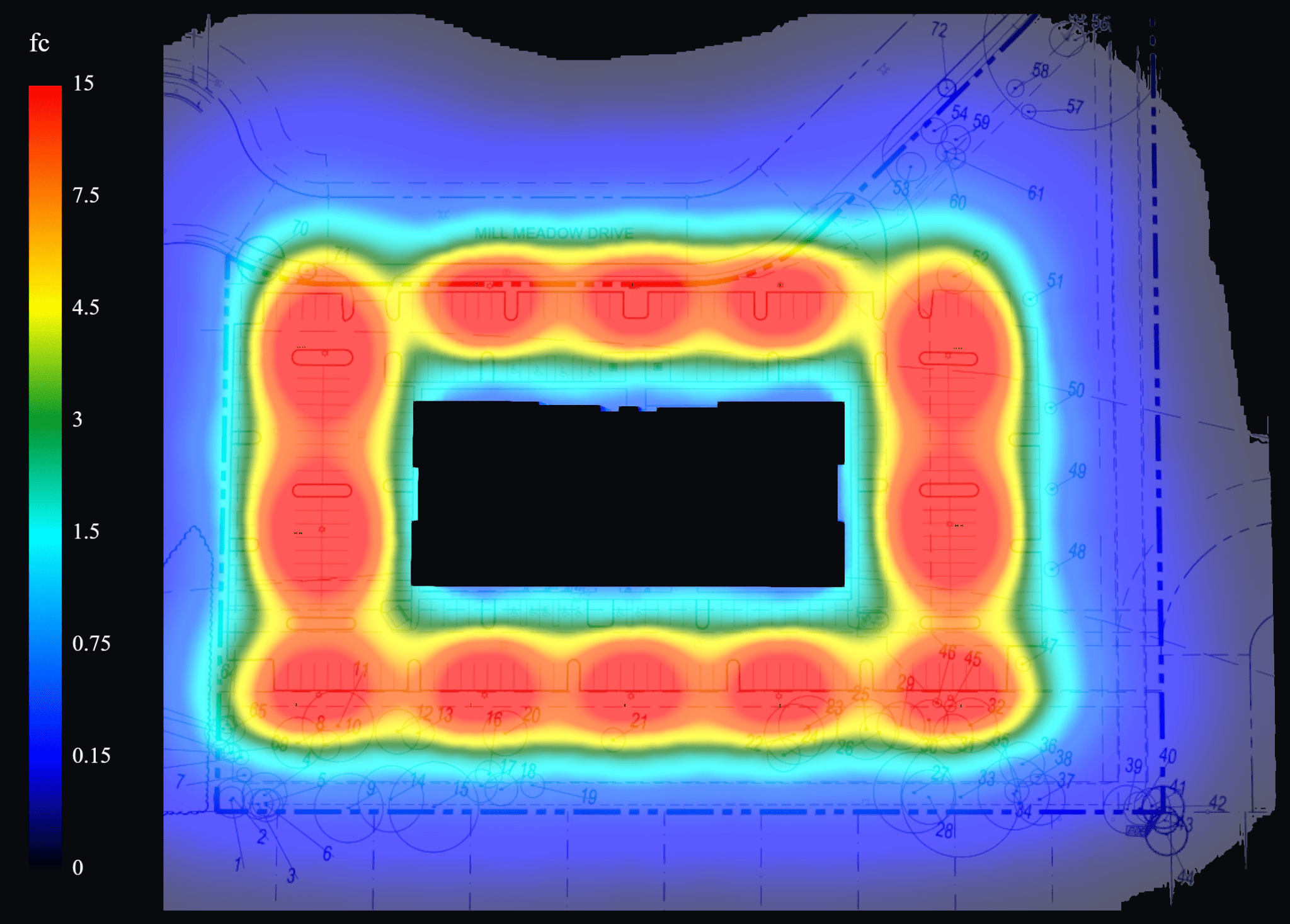 Small parking lot false-color foot-candle analysis by Stetra Lighting
