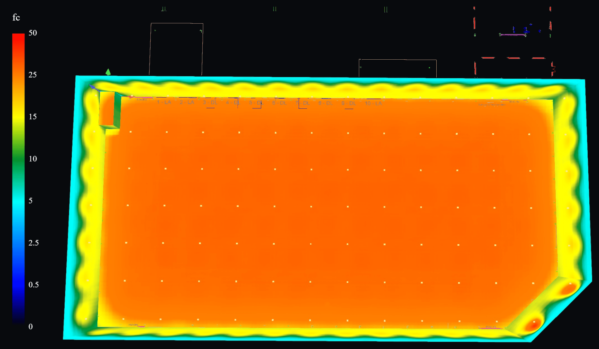 Warehouse lighting false-color photometric analysis in foot-candles
