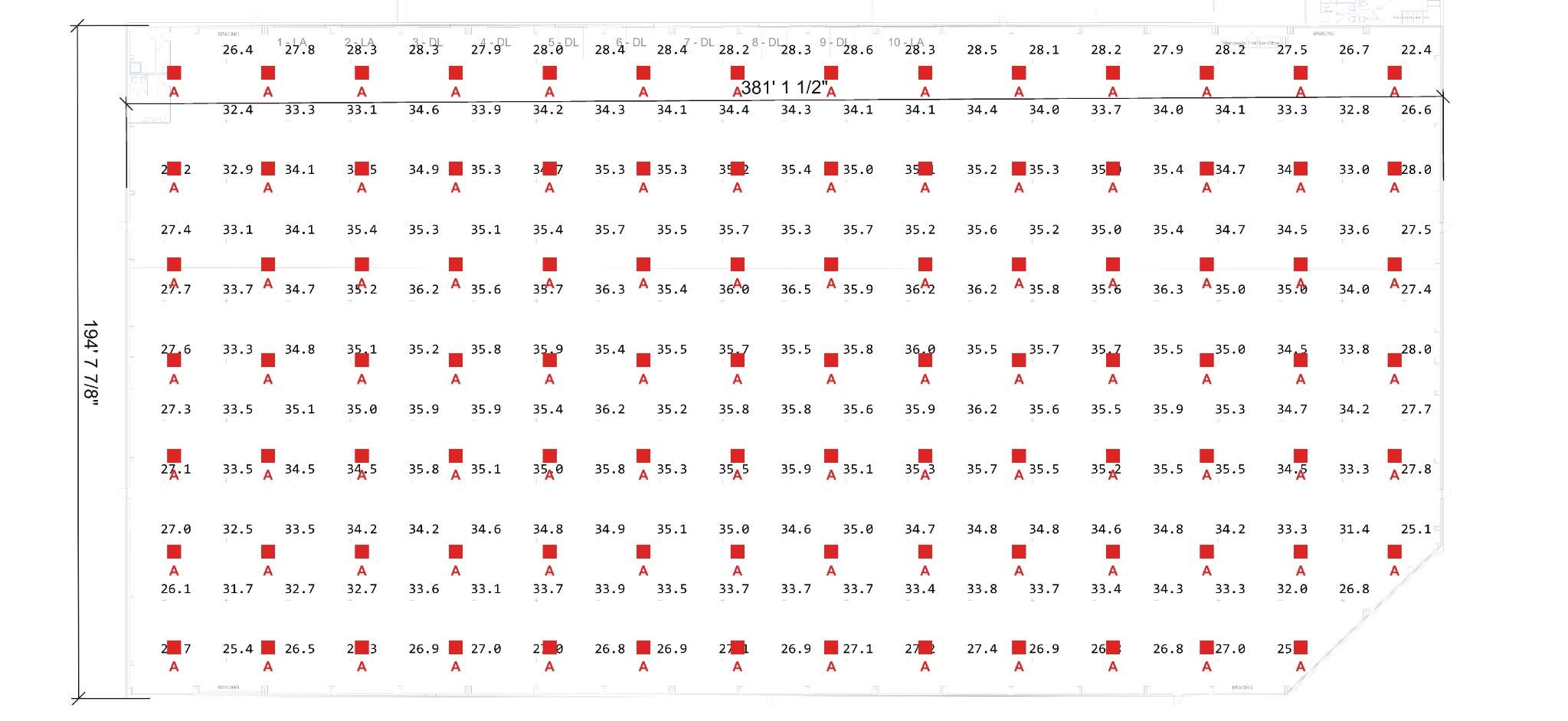 Warehouse photometric plan with point-by-point foot-candle values and high-bay fixture layout