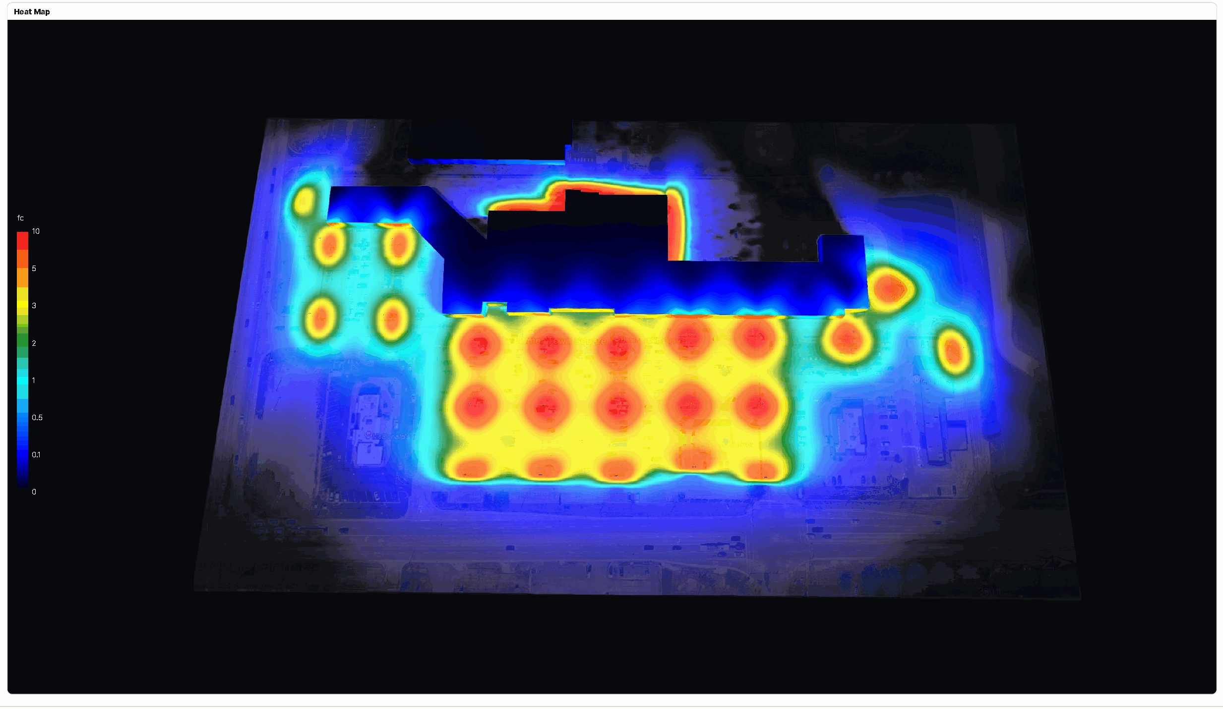 Revised parking lot false-color lighting heatmap using the same zero-to-ten foot-candle legend with original map labels retained